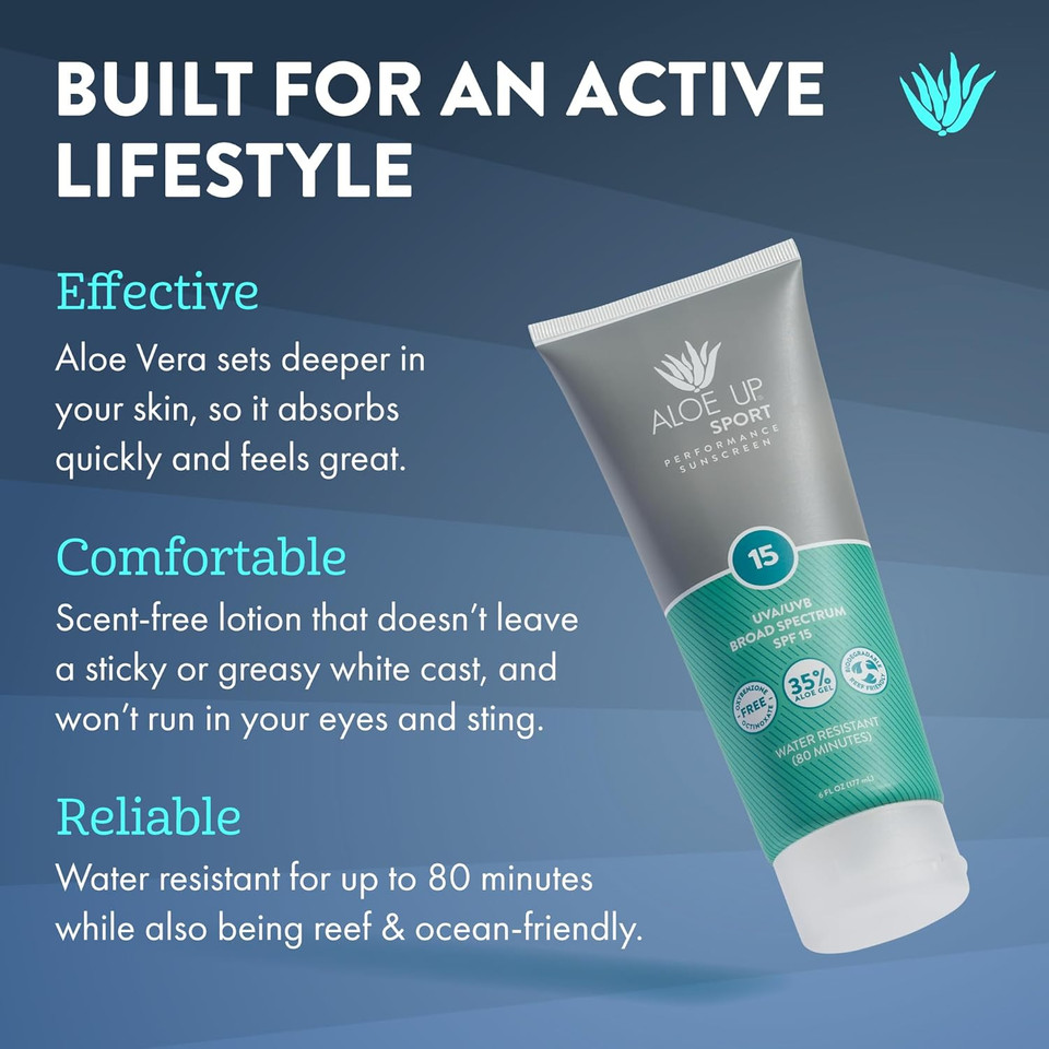 Aloe Up Sport Sunscreen Lotion Spf 15 - Broad Spectrum Uva/Uvb Sunscreen Protector For Face And Body - With Hydrating Aloe Vera Gel - Non-Greasy - No White Cast - Reef Safe - Fragrance-Free - 6 Oz Aloe Up Sport Sunscreen Lotion Spf 15 - Broad Spectrum Uva/Uvb Sunscreen Protector For Face And Body - With Hydrating Aloe Vera Gel - Non-Greasy - No White Cast - Reef Safe - Fragrance-Free - 6 Oz