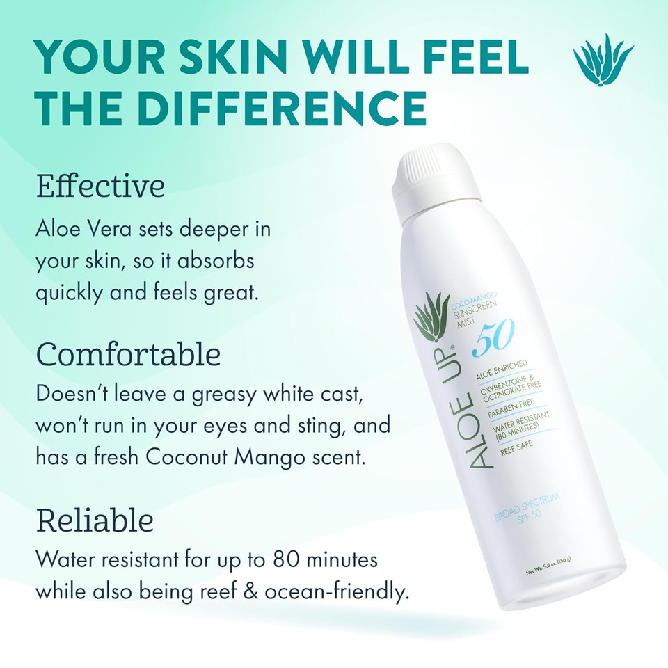 Aloe Up White Collection Continuous Sunscreen Spray Spf 50 Broad Spectrum Uva/Uvb Sunscreen Protector For Face & Body W/Moisturizing Aloe Vera Gel Reef Safe Coco-Mango Fragrance - 5.5 Fl. Oz