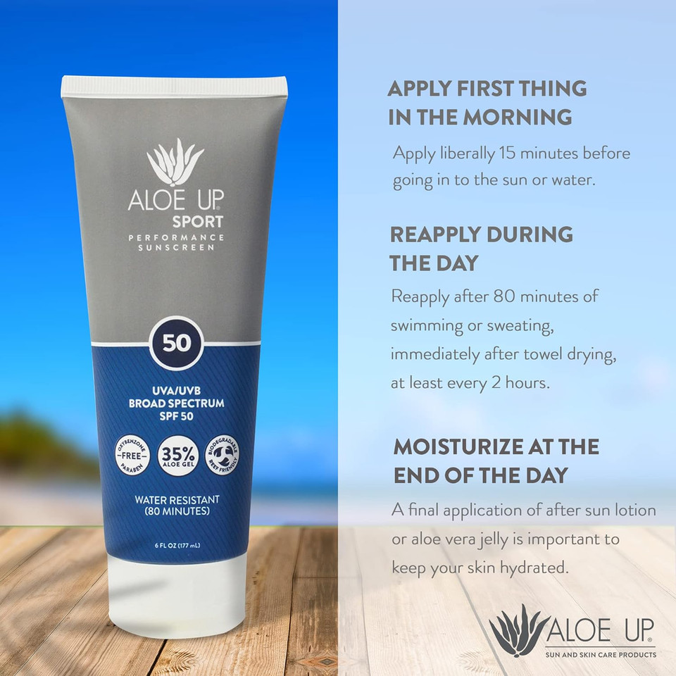 Aloe Up Sport Sunscreen Lotion Spf 50 - Broad Spectrum Uva/Uvb Sunscreen Protector For Face And Body - With Hydrating Aloe Vera Gel - Non-Greasy - No White Cast - Reef Safe - Fragrance-Free - 6 Oz Aloe Up Sport Sunscreen Lotion Spf 50 - Broad Spectrum Uva/Uvb Sunscreen Protector For Face And Body - With Hydrating Aloe Vera Gel - Non-Greasy - No White Cast - Reef Safe - Fragrance-Free - 6 Oz