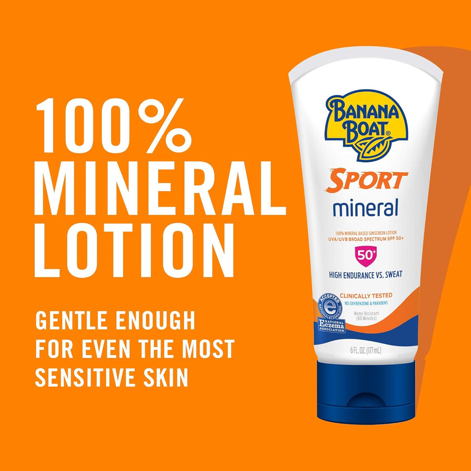 Banana Boat Sport 100% Mineral Sunscreen Lotion Spf 50, 6Oz | Banana Boat Mineral Sunscreen, Oxybenzone Free Sunscreen, Sport Sunscreen, Sunblock, Banana Boat Lotion Sunscreen Spf 50, 6Oz