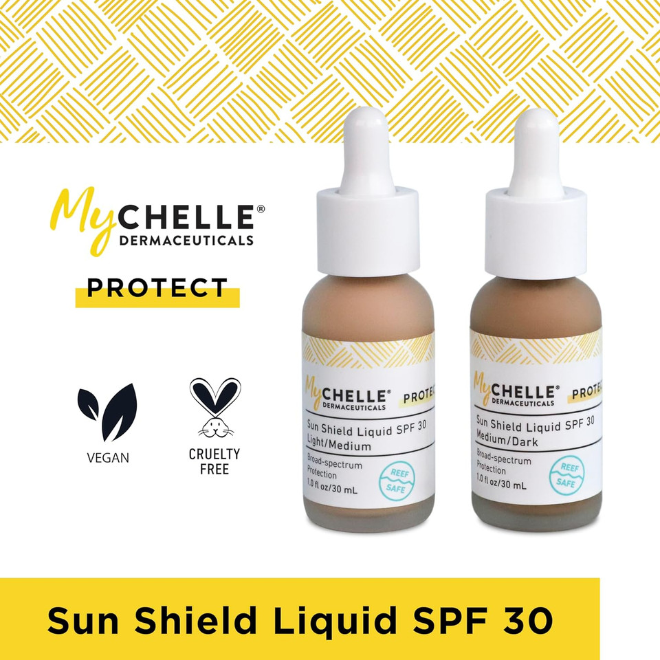 MyChelle Dermaceuticals Sun Shield Liquid SPF 30 Light/Medium (1 Fl Oz) - Tinted Sunscreen for All Skin With Oil-Absorbing Bentonite Clay - Use as Sheer Foundation or Makeup Primer for Matte Finish