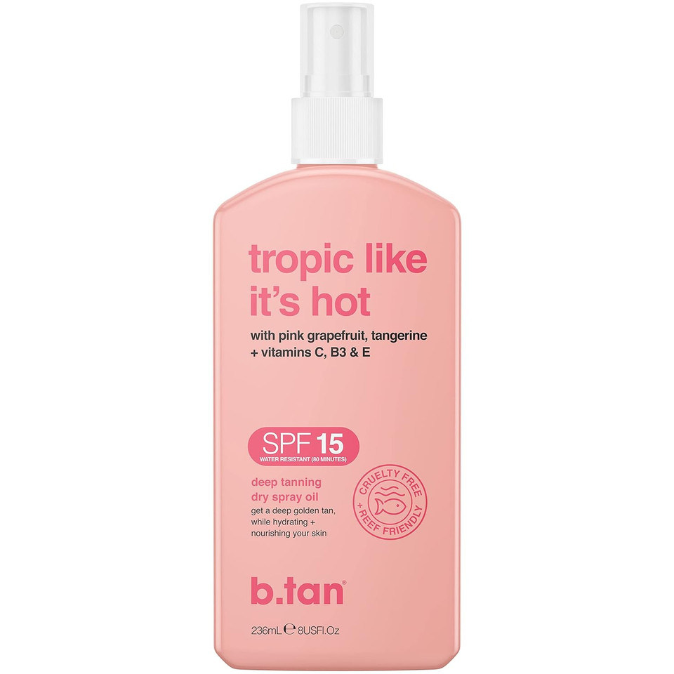 B.Tan Spf 15 Deep Dry Spray Tanning Oil | Tropic Like It'S Hot - Get A Tropic Glow, Keeps Skin Hydrated & Hot From Grapefruit, Tangerine, Vitamins C, B5, E, A + Touch Of Self Tan, 8 Fl Oz