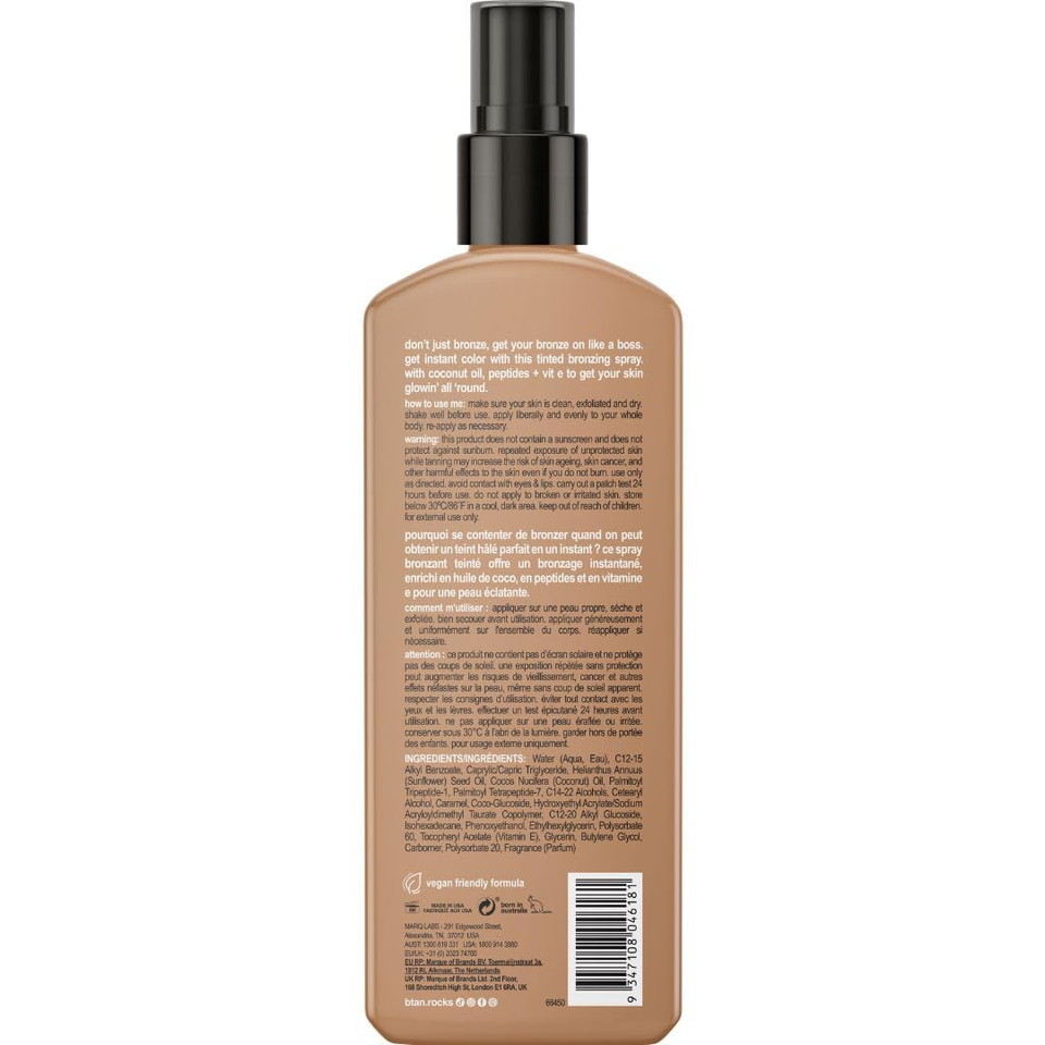B.Tan Sun Tanning Lotion Spray | Bronzed Like A Boss - Intensifier Outdoor Bronzing Spray Lotion, Packed With Coconut Oil, Peptides, & Vitamin E, Vegan Friendly, Cruelty Free, 8.45 Fl Oz