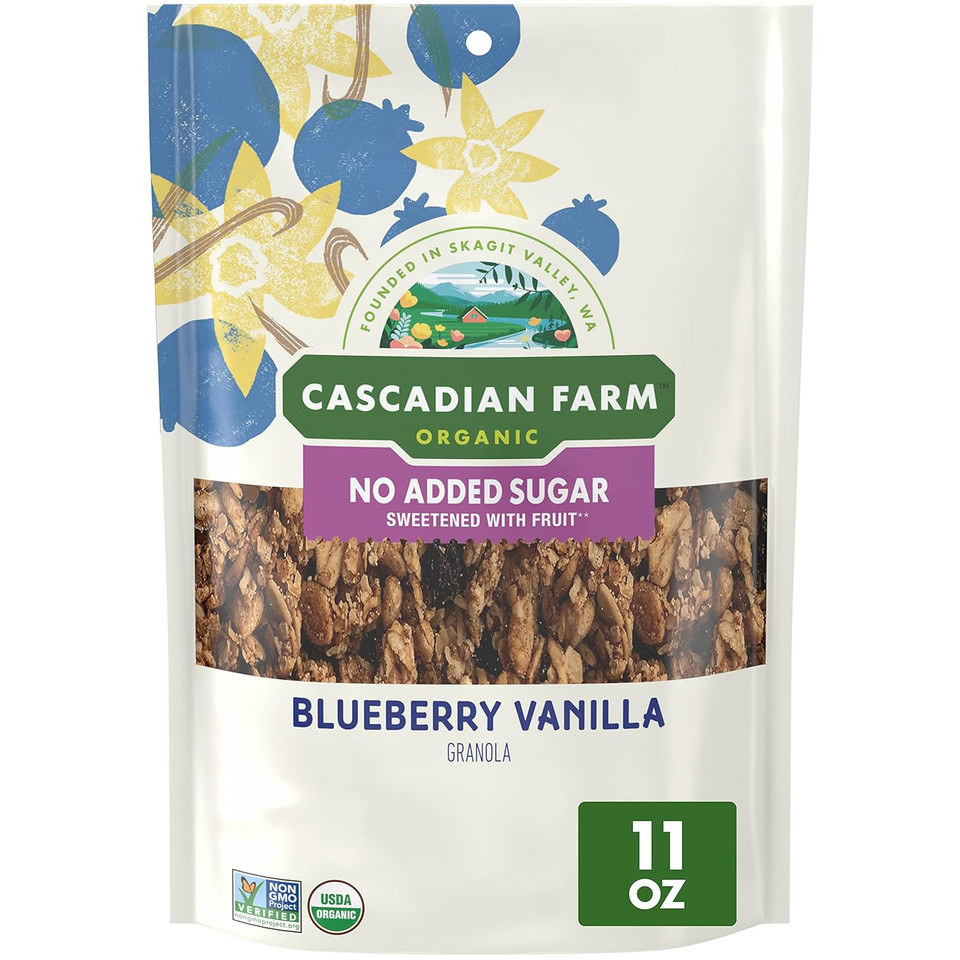 Cascadian Farm Organic Granola With No Added Sugar, Blueberry Vanilla Cereal, Resealable Pouch, 11 Oz