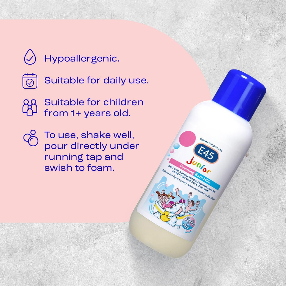 E45 Dermatological Junior Foaming Bath Milk 500 ml  Bath Foam for Kids - Soap-Free Body Wash to Protect and Moisturise Dry and Sensitive Skin  Soothe Itching and Irritation - Dermatitis Eczema Cream