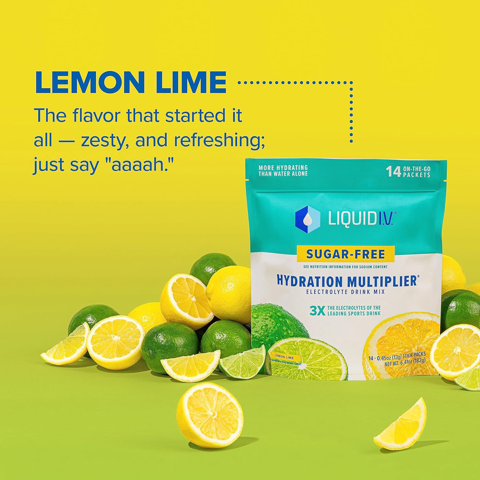 Liquid I.V. Sugar-Free Hydration Multiplier - Lemon Lime  Sugar-Free Hydration Powder Packets | Electrolyte Powder Drink Mix | Easy Open Single-Serving Sticks | Non-GMO | 3 Pack (42 Servings)