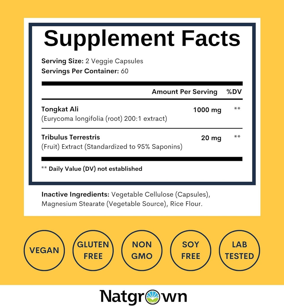 Natgrown Tongkat Ali Extract 200 To 1 For Men (Longjack) Eurycoma Longifolia 1020Mg Per Serving - Men'S Health Support - 120 Vegan Capsules
