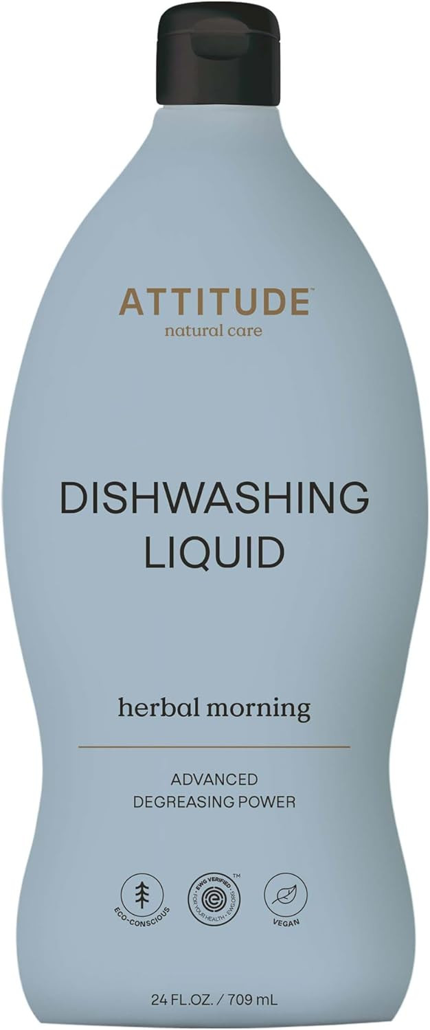 Attitude Dishwashing Liquid, Ewg Verified, Vegan Dish Soap, Plant Based, Naturally Derived Products, Herbal Morning, 24 Fl Oz