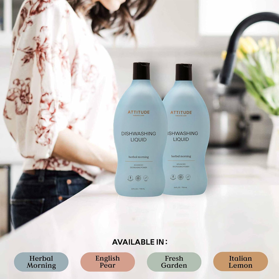 Attitude Dishwashing Liquid, Ewg Verified, Vegan Dish Soap, Plant Based, Naturally Derived Products, Herbal Morning, 24 Fl Oz