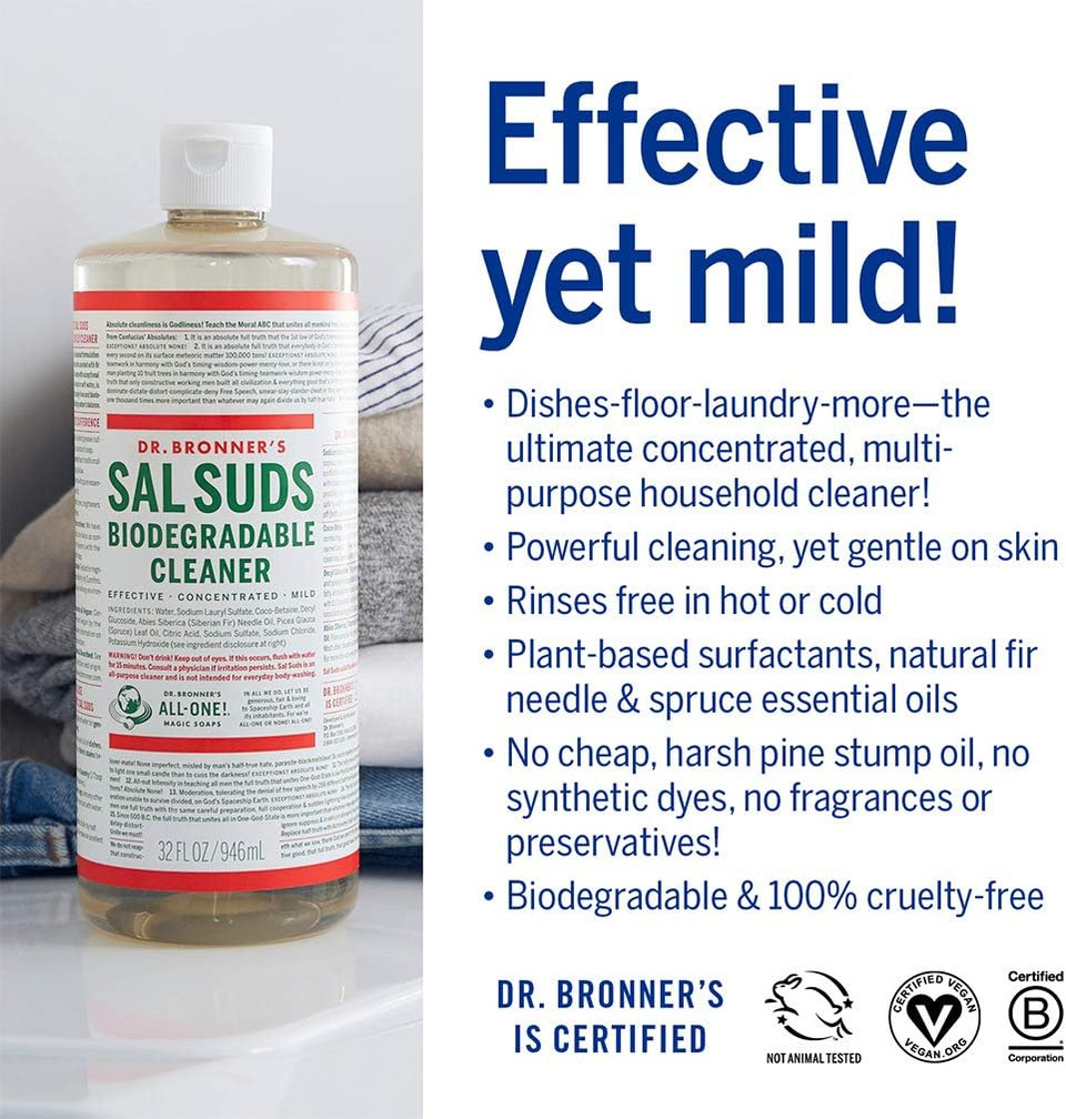 Dr. Bronner'S - Sal Suds Biodegradable Cleaner (32 Ounce) - All-Purpose Cleaner, Pine Cleaner For Floors, Laundry And Dishes, Cuts Grease And Dirt