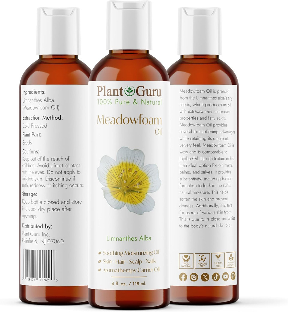 Meadowfoam Oil 4Oz Cold Pressed 100% Pure Natural Carrier - Skin, Body And Face. Great For Moisturizing Creams, Lotions, Scalp Treatments, And Lip Balms