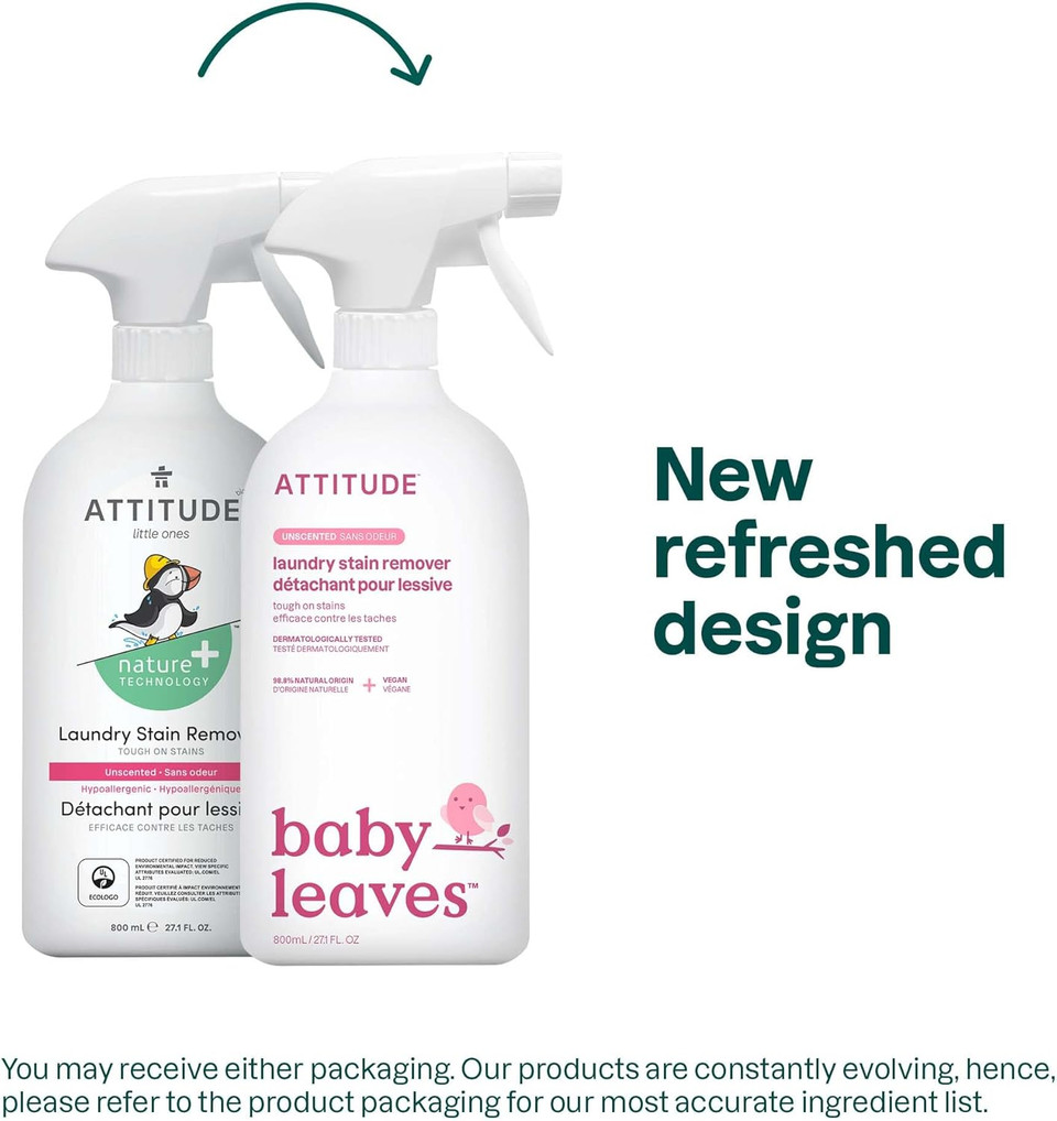 Attitude Baby Laundry Stain Remover, Plant And Mineral-Based Ingredients, Vegan And Cruelty-Free Household Products, Unscented, 27.1 Fl Oz