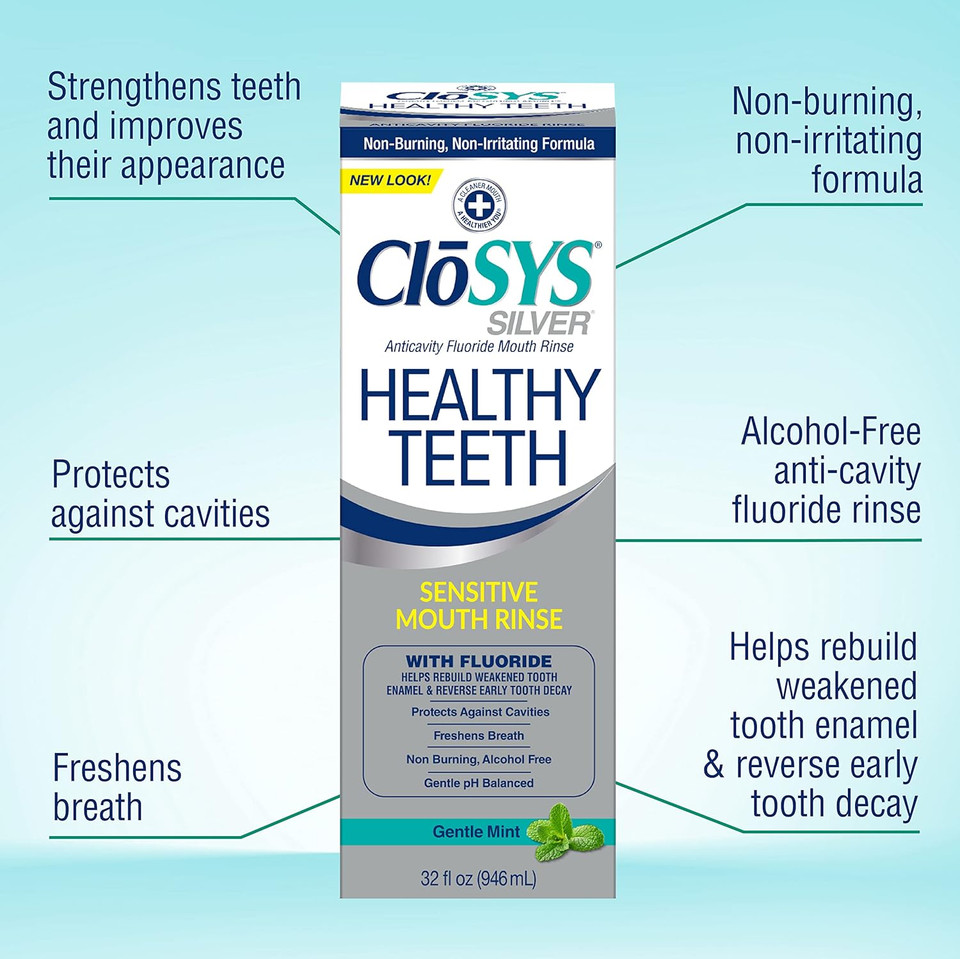 Closys Healthy Teeth Anti-Cavity Oral Rinse Mouthwash With Fluoride, Non-Burning, Non-Irritating  32 Fl Oz (Twin Pack)