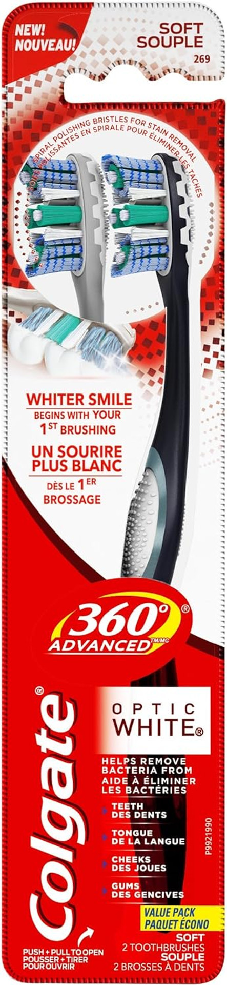 Colgate 360 Advanced Optic White Toothbrush, Soft, 2 Count