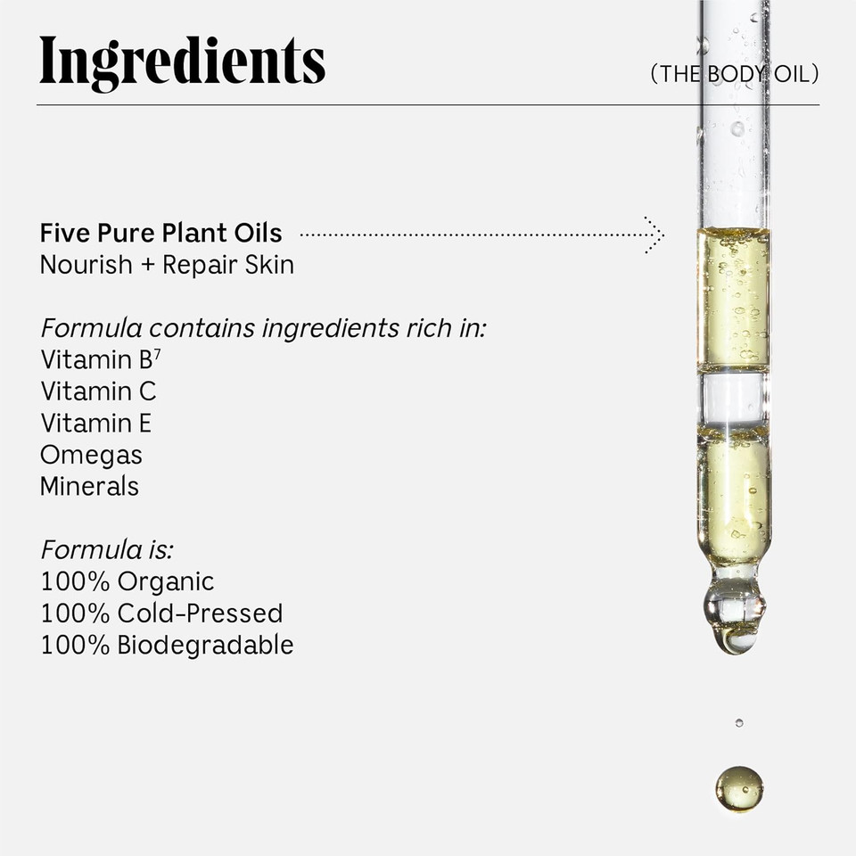 Nã£Â©Cessaire The Body Oil. 100% Organic + Cold-Pressed. Vitamins. Omegas. Minerals. Aged Skin. Dry Skin. Stretch Marks. Hypoallergenic. Dermatologist-Tested. Non-Comedogenic. Fragrance-Free. 3.4 Fl Oz