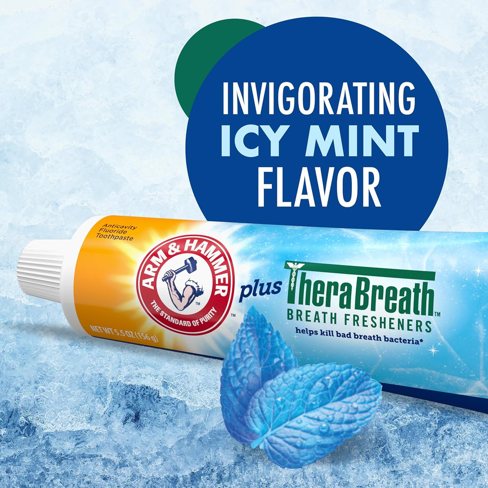 Arm & Hammer Toothpaste Plus Therabreath Breath Fresheners, Invigorating Icy Mint Flavor, Whitening Anticavity Fluoride Toothpaste For Bad Breath, 5.5 Oz (Pack Of 2)