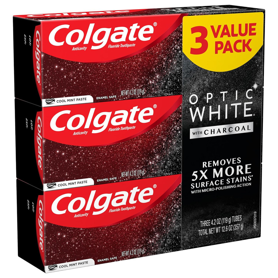 Colgate Optic White with Charcoal Whitening Toothpaste, Cool Mint Flavor, Safely Removes Surface Stains, Enamel-Safe for Daily Use, Teeth Whitening Toothpaste with Fluoride, 3 Pack, 4.2 Oz Tube