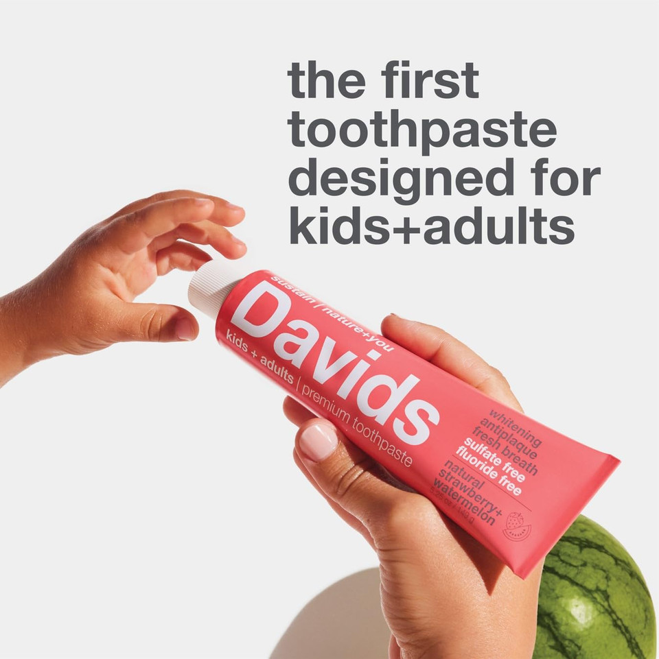 Davids Fluoride Free Kids & Adults Toothpaste, Teeth Whitening, Antiplaque, Sls (Sulfate) Free, Promotes Enamel Health, Mouth & Gum Detox, Natural Strawberry Watermelon, 5.25Oz