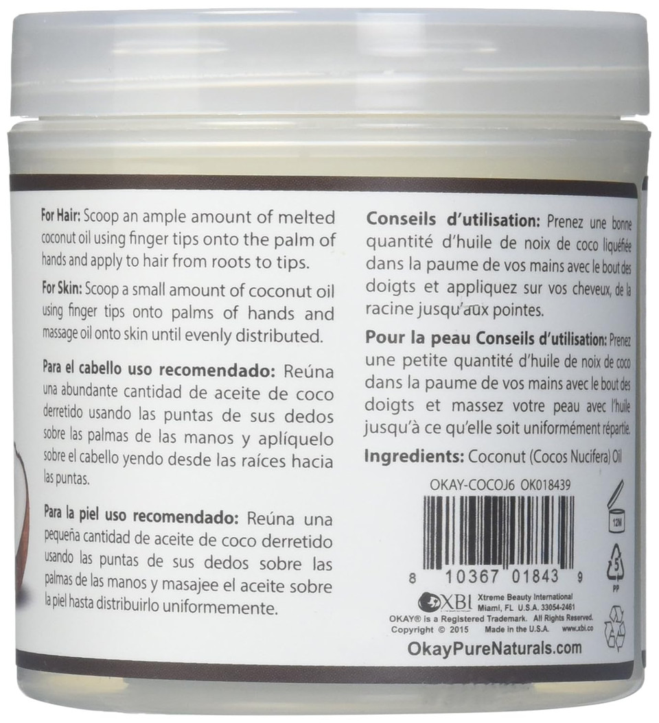 Okay 100% Pure Coconut Oil Deep Moisturizing | Prevents Dryness & Flaking Of Skin | Softens Hair & Conditions Scalp | Great Moisturizer | For All Hair Textures And All Skin Types , 6 Ounce6 Ounce