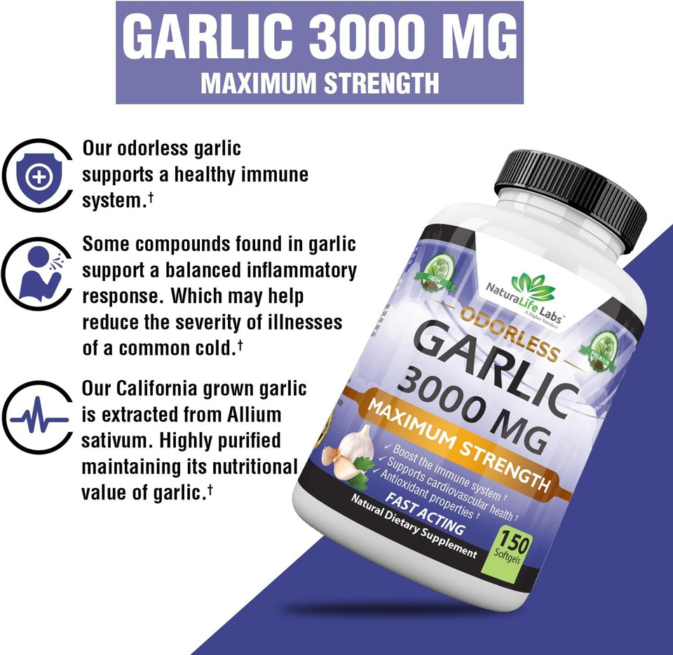 Odorless Pure Garlic 3000 Mg Per Serving Maximum Strength 150 Soft Gels Promotes Healthy Cholesterol Levels Immune System Support