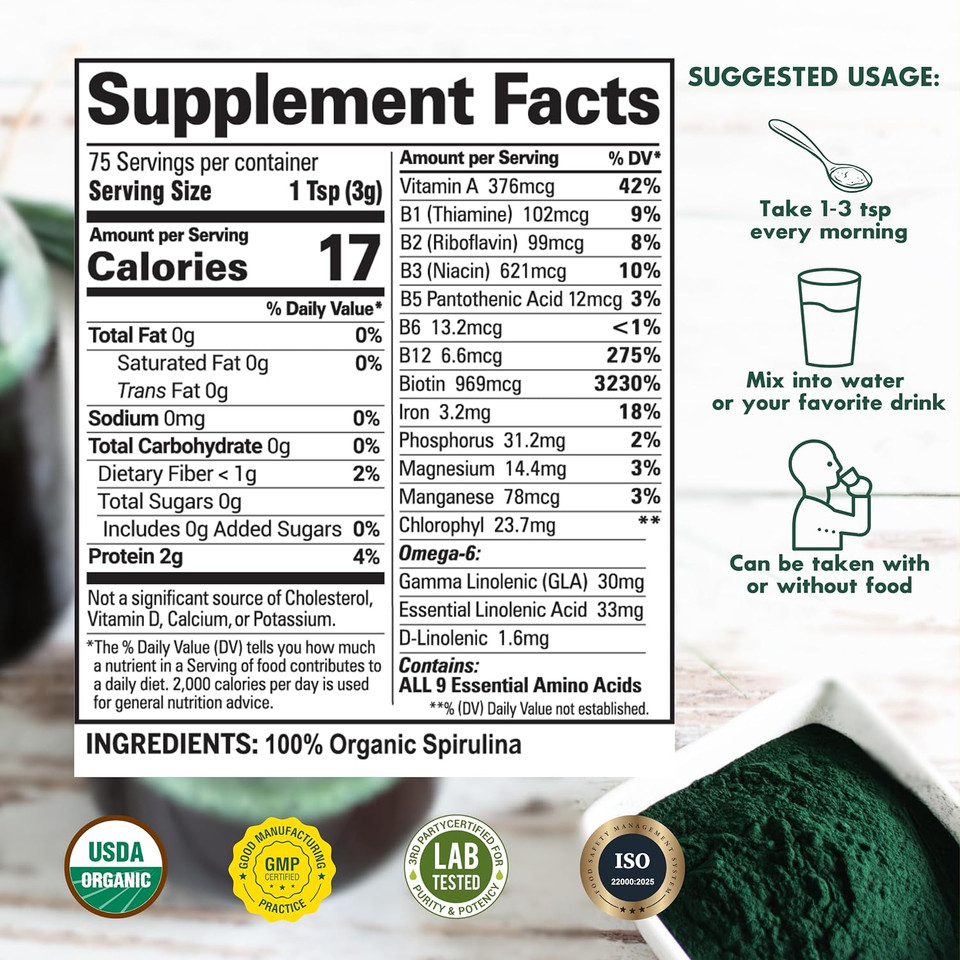 Sunlit Best Usda Organic Spirulina Powder - Blue-Green Algae, Raw & Vegan Source Of Protein & Chlorophyll | Non-Gmo & Gluten-Free Superfood Energy Drink | Gut Health & Immune Support Supplement, 8 Oz