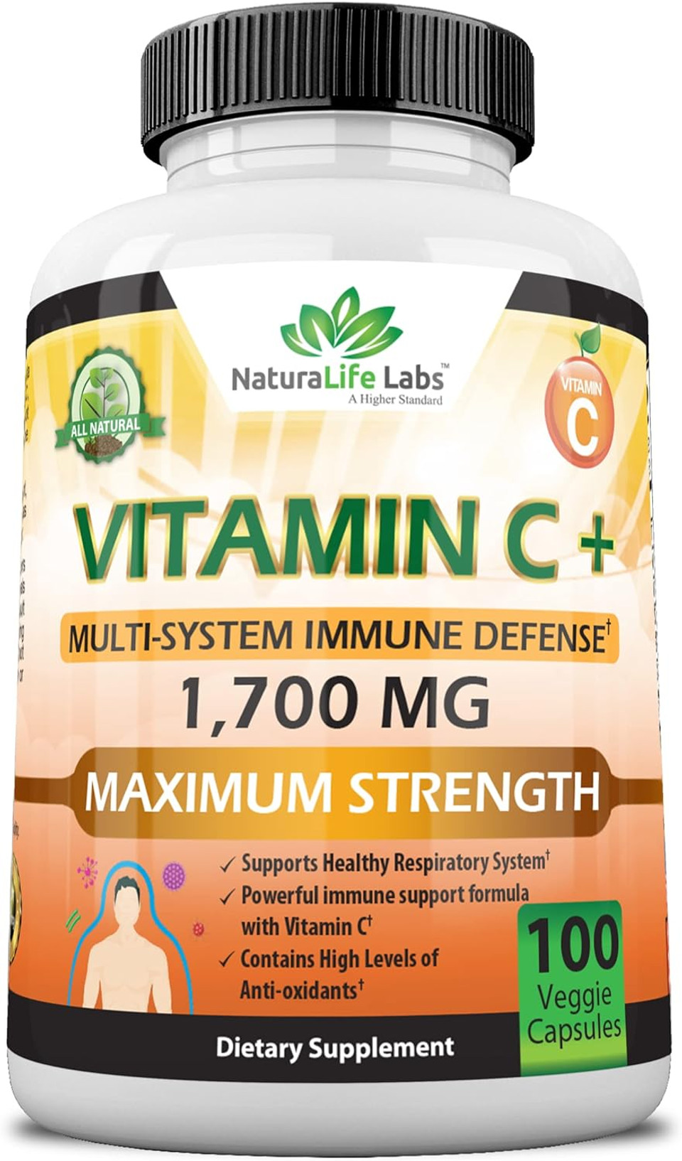 Vitamin C 1,700 Mg With Vitamin D3, Zinc, Elderberry, Ginger Root - Maximum Strength Multi System Immune Support- 100 Veggie Capsules
