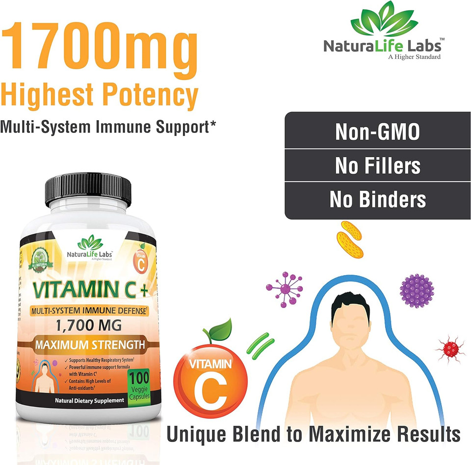 Vitamin C 1,700 Mg With Vitamin D3, Zinc, Elderberry, Ginger Root - Maximum Strength Multi System Immune Support- 100 Veggie Capsules