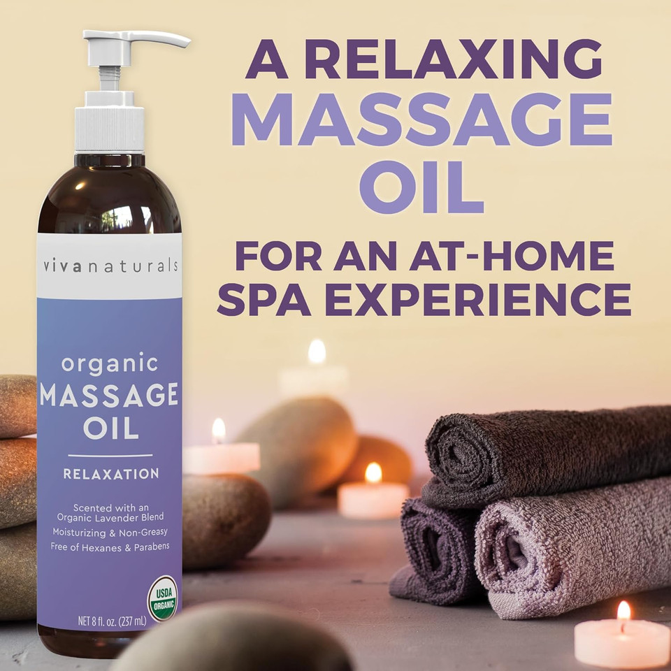 Viva Naturals Organic Massage Oil (8 fl. oz.) - Lavender Scented Relaxing Body Massage Oil for Massage Therapy - Perfect for Home Use & Professional Massages - Non-Greasy and Non-Sticky Formula