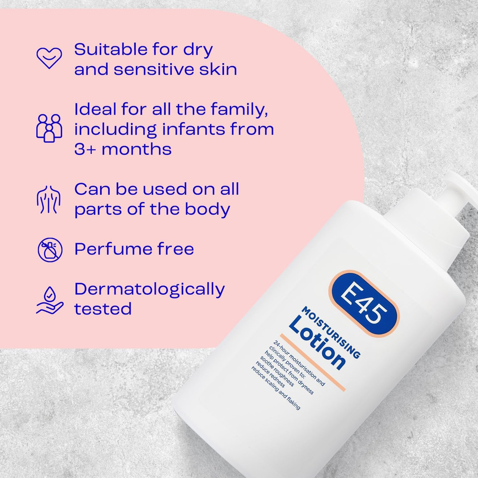 E45 Moisturising Lotion 500 Ml - Dermatological Body Moisturiser Lotion - Body Lotion - Daily Moisturiser For Dry Skin & Sensitive Skin  Long-Lasting Hydration Protect From Dryness, Reduce Redness