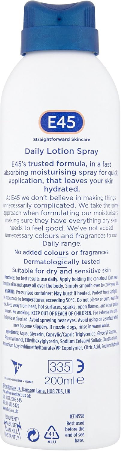 E45 Spray Moisturiser 200 ml - Daily Lotion Moisturiser Spray for Dry Sensitive Skin - Fast Absorbing Body Lotion Spray Moisturiser for Soft Skin and Lasting Hydration  Suitable for Eczema Prone Skin
