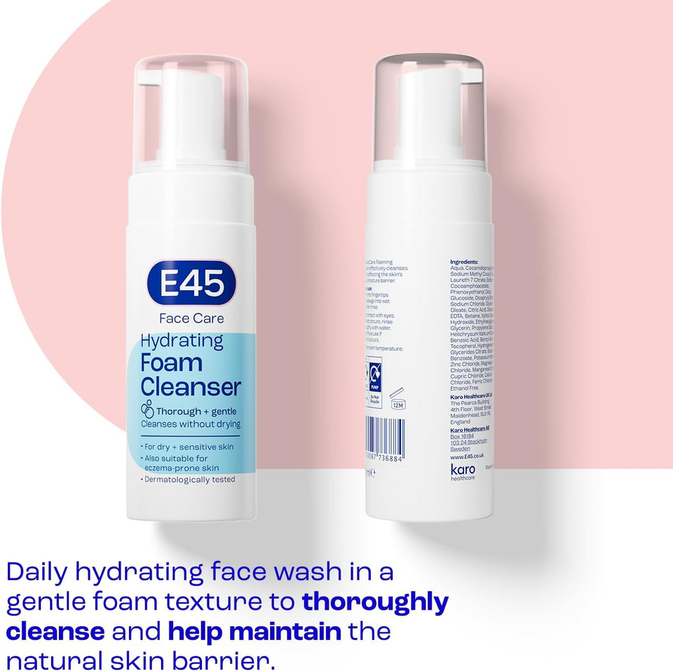 E45 Face Wash Foaming Cleanser  Daily Face Cleanser for Dry and Sensitive Skin  Gentle Facial Cleanser  Removes Excess Oil and Makeup for Clean, Soft Skin - Skin Care Facewash for Women & Mens Skin