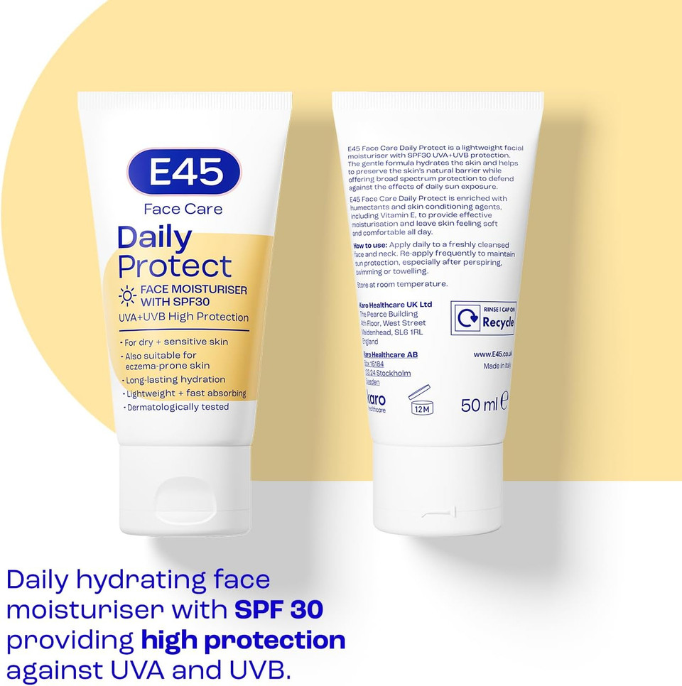 E45 SPF Face Moisturiser - Hydrating Facial Moisturiser SPF 30 Protection Against UVA & UVB Rays - SPF Face Cream for Dry Skin, Sensitive Skin and Eczema Prone Skin - SPF Day Cream 50 ml