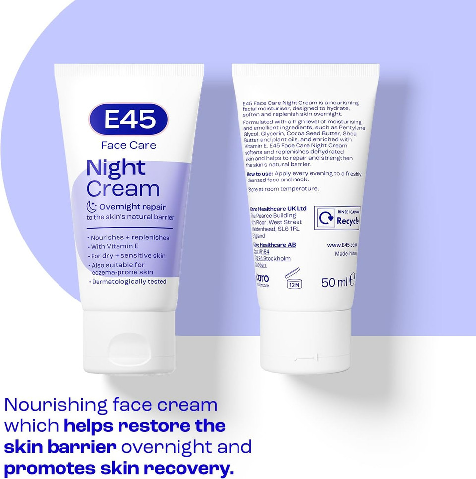 E45 Face Night Cream - Nourishing Night Moisturiser to Restore Skin Barrier  For Sensitive Skin & Eczema Prone Skin - Regenerative & Firming Night Cream - Perfume Free - Dermatologist Approved - 50ml