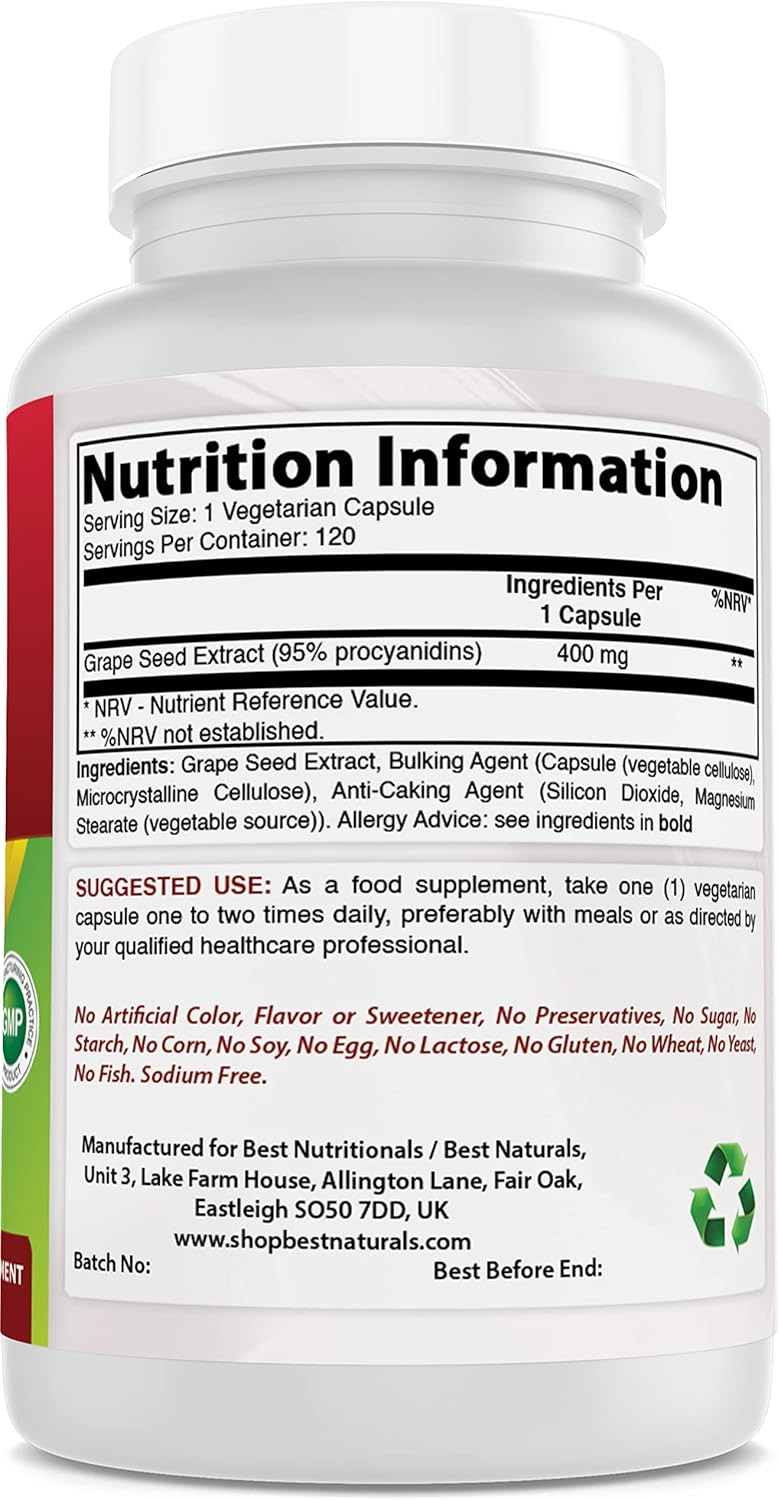 Best Naturals Grape Seed Extract 400 Mg Veggie Capsule, 120 Count