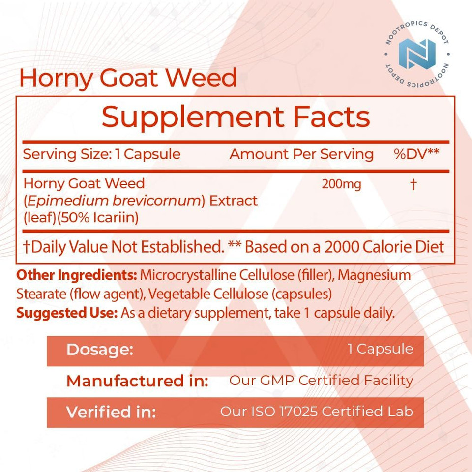 Nootropics Depot Horny Goat Weed Capsules | 200Mg | 30 Count | Minimum 50% Icariin | Epimedium Brevicornum
