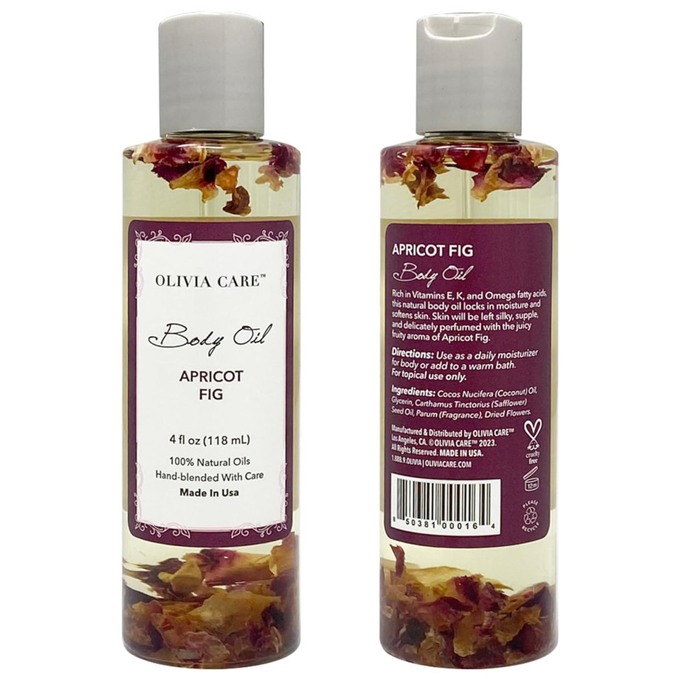 Olivia Care Body Oil Apricot Fig Vegan & Natural Moisturizing - Infused With Vitamin E, K & Omega Fatty Acids - Refreshing Fragrance - Reduce Dry Skin, Anti-Aging Properties (Apricot Fig) Olivia Care Body Oil Apricot Fig Vegan & Natural Moisturizing - Infused With Vitamin E, K & Omega Fatty Acids - Refreshing Fragrance - Reduce Dry Skin, Anti-Aging Properties (Apricot Fig)
