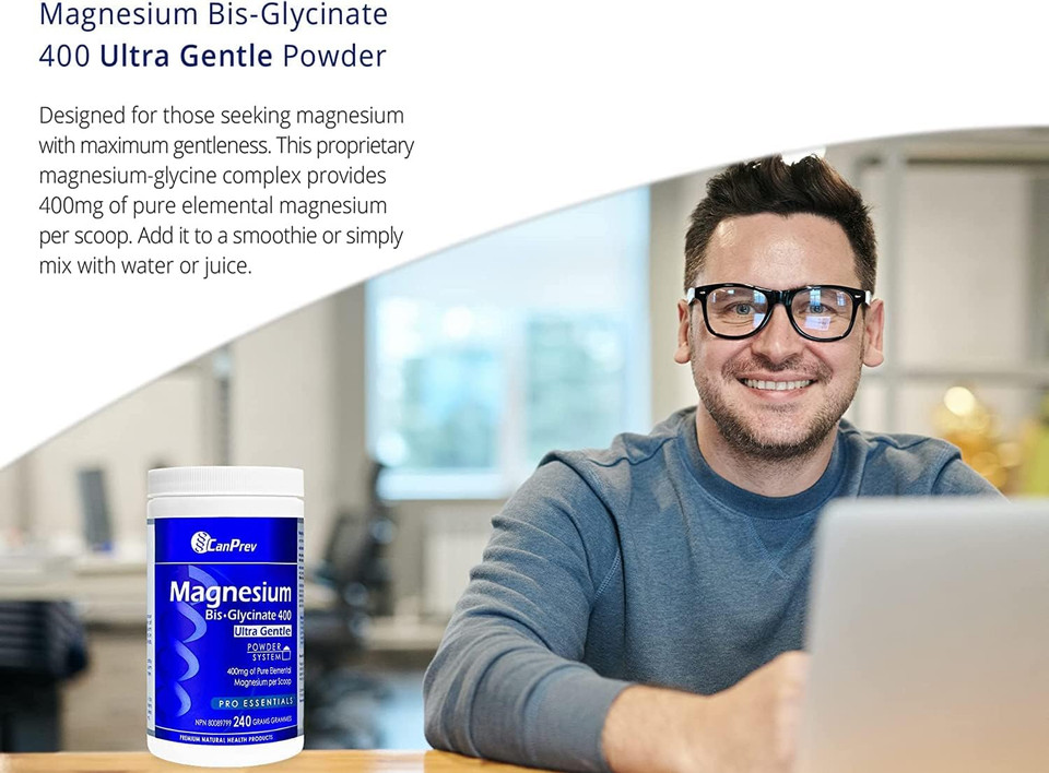 Canprev - 240G Magnesium Bisglycinate Powder 400Mg Ultra Gentle Chelated Complex - 3Rd Party Tested Formulated & Made In Canada