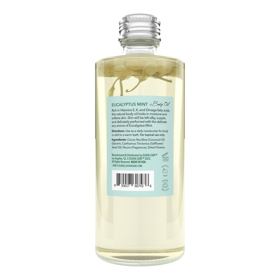 Olivia Care Body Oil Eucalyptus Mint Vegan & Natural | Hydrating & Moisturizing - Infused With Vitamin E, K & Omega Fatty Acids - Reduce Dry Skin, Anti-Aging Properties (Eucalyptus Mint)