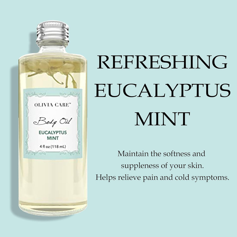 Olivia Care Body Oil Eucalyptus Mint Vegan & Natural | Hydrating & Moisturizing - Infused With Vitamin E, K & Omega Fatty Acids - Reduce Dry Skin, Anti-Aging Properties (Eucalyptus Mint)