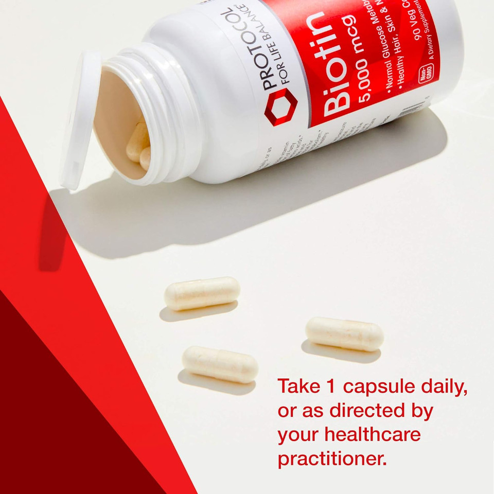 Protocol Biotin 5,000Mcg - Vitamin B7 Supplement - Hair, Skin, Nails Support* - For Carb Metabolism & Cell Growth* - Biotin Vitamin B Capsules - 90 Veg Caps