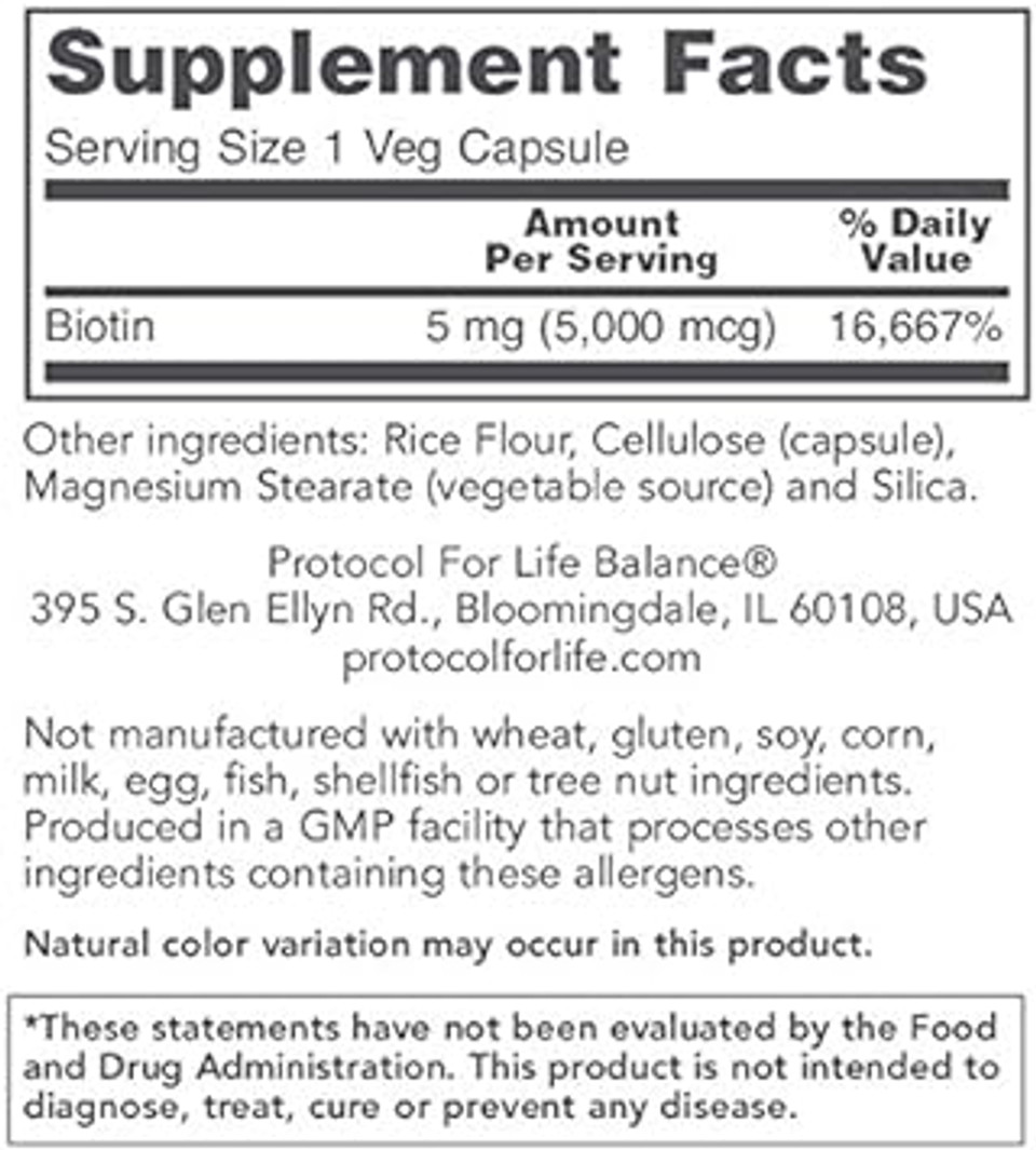 Protocol Biotin 5,000Mcg - Vitamin B7 Supplement - Hair, Skin, Nails Support* - For Carb Metabolism & Cell Growth* - Biotin Vitamin B Capsules - 90 Veg Caps