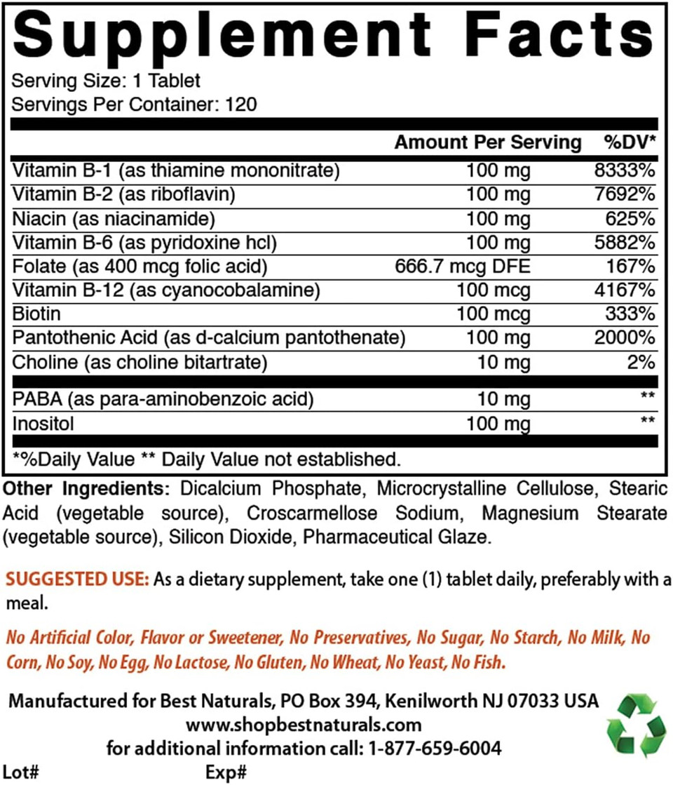 Best Naturals B-100 Complex For Adults, 120 Tablets