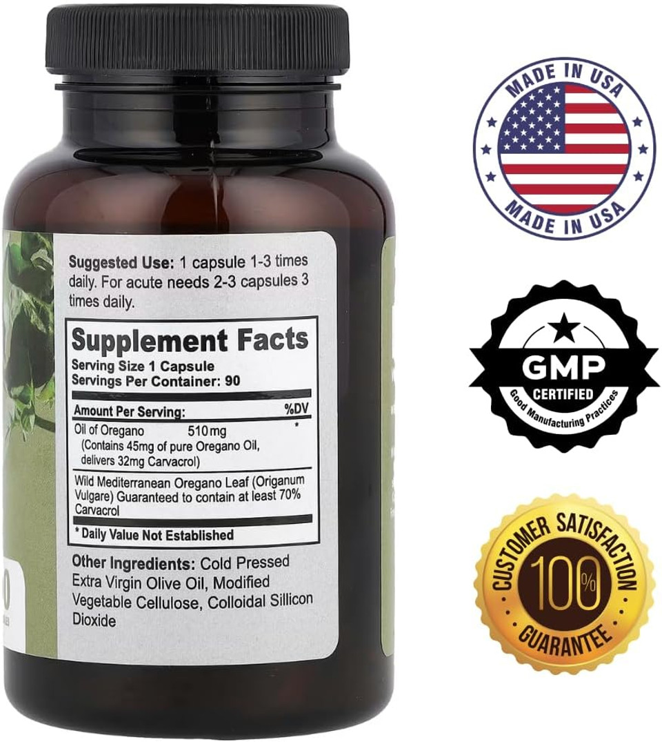 Wild Oregano Oil Vegetarian Soft Capsules - California Natural - Immune System & Digestive Support - Promote Gut Health & Healthy Digestion - 100% Vegetarian - 70% Carvacrol - Herbal 90 Count