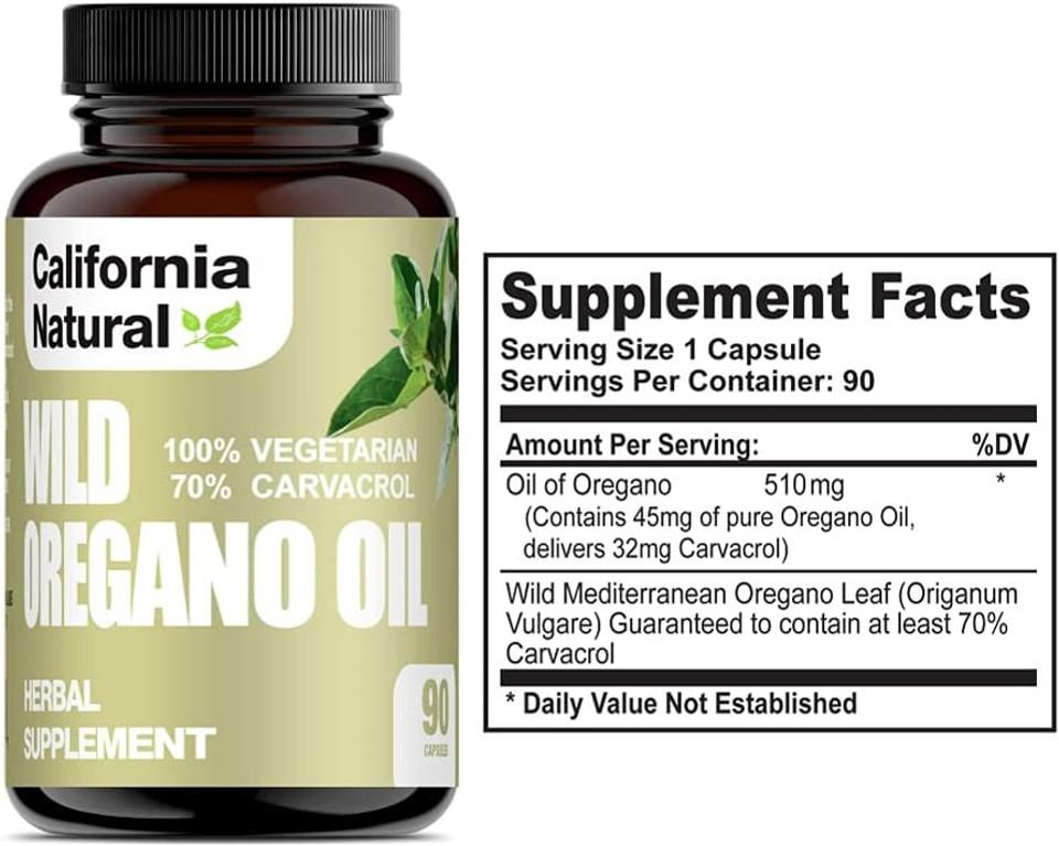 Wild Oregano Oil Vegetarian Soft Capsules - California Natural - Immune System & Digestive Support - Promote Gut Health & Healthy Digestion - 100% Vegetarian - 70% Carvacrol - Herbal 90 Count