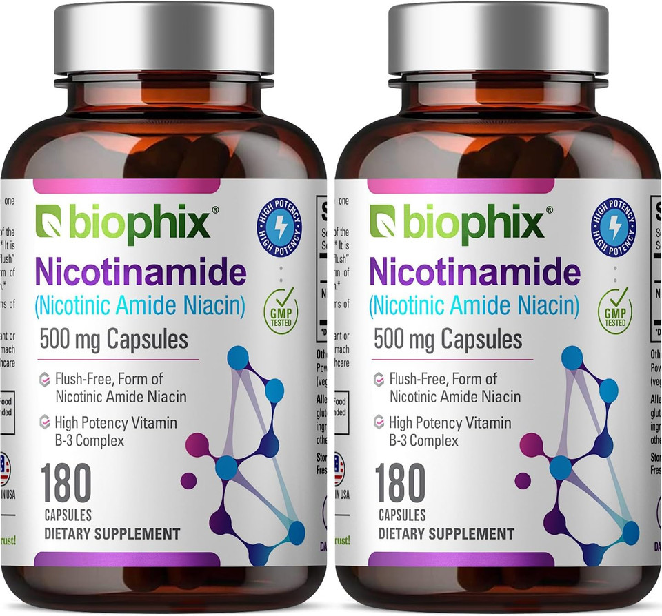 Biophix B-3 Nicotinamide 500 Mg 180 Caps - Nicotinic Amide Niacin Natural Flush-Free Vitamin Formula - Supports Skin Cell Health