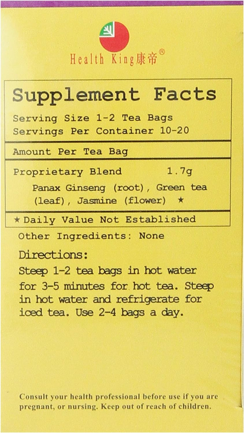 Health King Panax Ginseng Herb Tea, Teabags, 20 Count Box