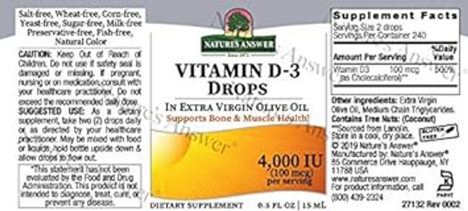 Nature'S Answer Vitamin D-3 Drops 4000 Iu 0.5 Fluid Ounce | Natural Immune Booster | Promotes Muscle And Bone Function | Supports Cardiovascular Health
