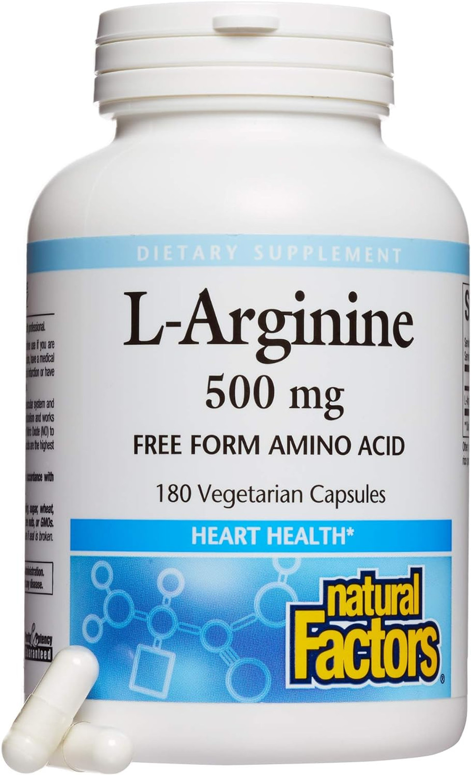 Natural Factors, L-Arginine 500 Mg, Supports A Healthy Cardiovascular System, Heart And Muscle Metabolism, 180 Capsules (180 Servings)