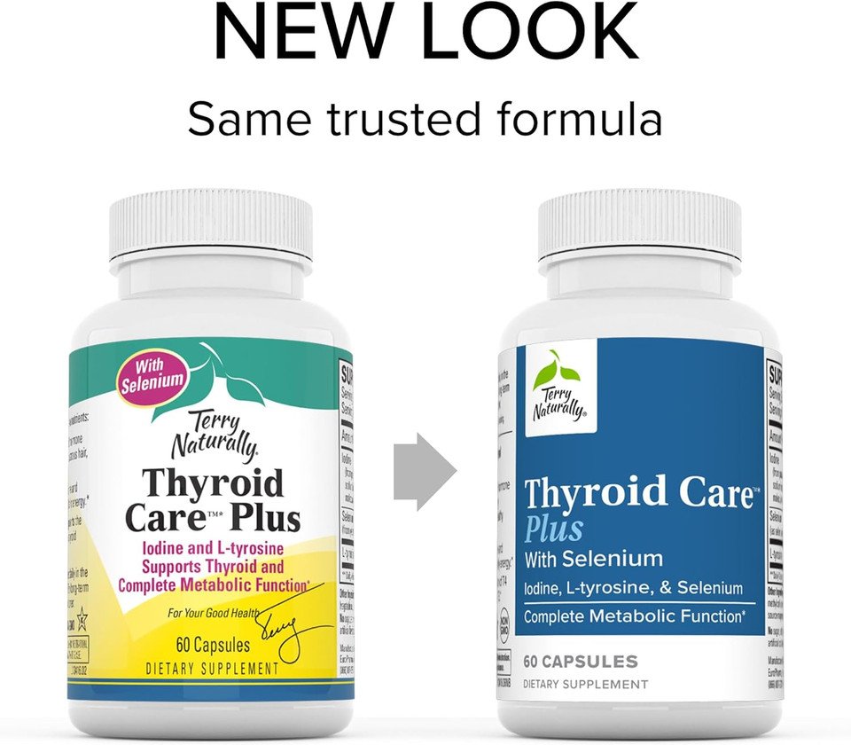 Terry Naturally Thyroid Care Plus - 60 Capsules - with Selenium, Iodine & L-Tyrosine - Non-GMO, Gluten Free, Kosher - 30 Servings