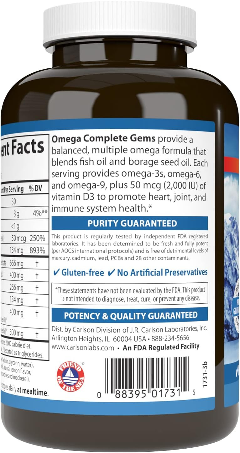 Carlson - Omega Complete Gems, Omega-3-6-9, Wild Caught, Sustainably Sourced, Heart Health, Joint Function & Immune Support, 180 Softgels